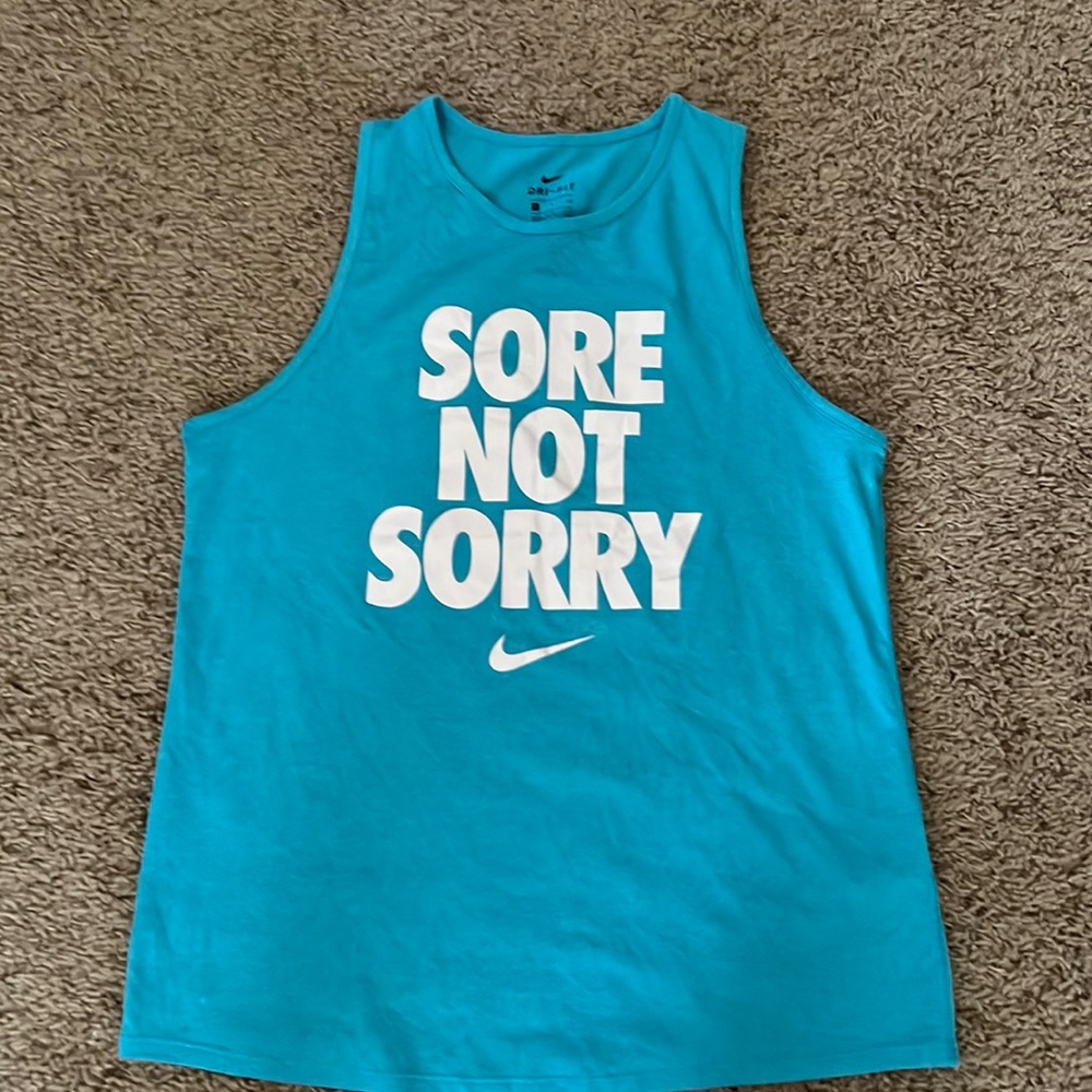 Nike Dri-Fit Blue Workout Tank Top - Slogan “Sore Not Sorry” Size small